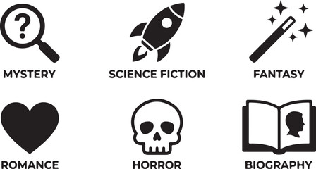 Set of six black book genre icons representing mystery science fiction fantasy romance horror and biography categories Vector © Alex