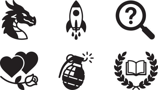 Set of six black icons including a dragon head rocket ship question mark magnifying glass hearts rose grenade and book Vector