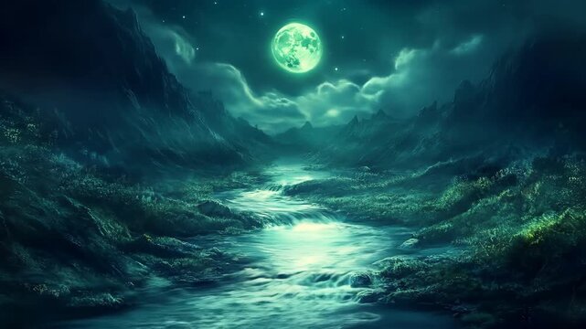 Mystical night landscape illuminated river flows under a glowing moon