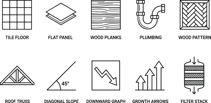 Architectural and construction elements icons set depicting floor patterns structural trusses and plumbing.
