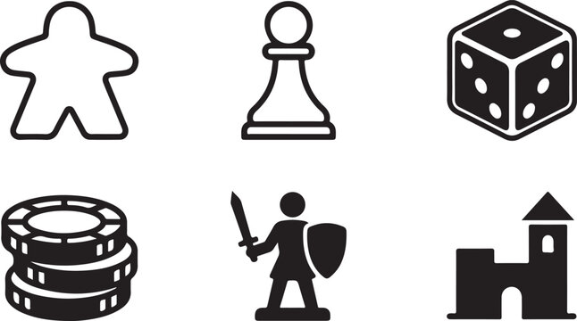 Set of black and white board game icons including meeple pawn dice chips warrior and castle for tabletop gaming projects Vector