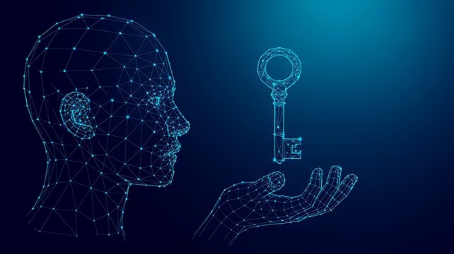 Futuristic digital human face with floating security key and cyber protection technology