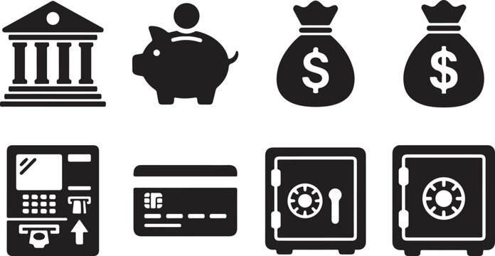 Set of black finance and banking icons featuring bank building piggy bank money bag credit card atm machine and safe box Vector