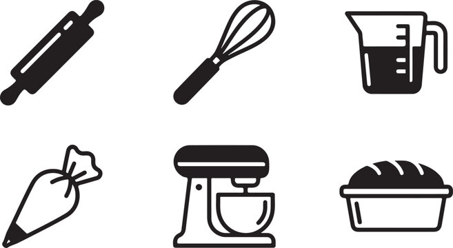 Set of baking and cooking icons with rolling pin whisk measuring cup pastry bag stand mixer and bread loaf for kitchen Vector