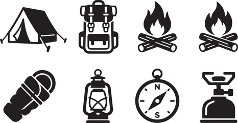 Set of black camping and hiking icons including tent backpack campfire sleeping bag lantern compass and portable gas stove Vector © Alex