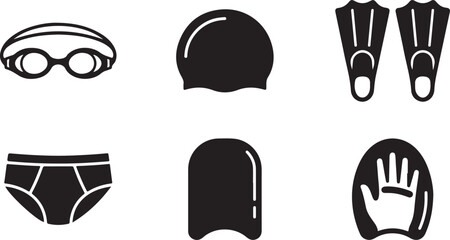 Set of black swimming equipment icons including goggles swim cap fins trunks kickboard and hand paddles for water sports Vector © Alex
