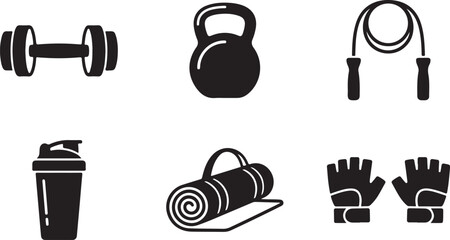 Set of black fitness and gym workout equipment icons featuring a dumbbell kettlebell jump rope protein shaker mat and gloves Vector © Alex