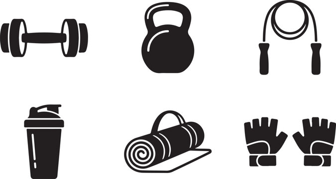 Set of black fitness and gym workout equipment icons featuring a dumbbell kettlebell jump rope protein shaker mat and gloves Vector