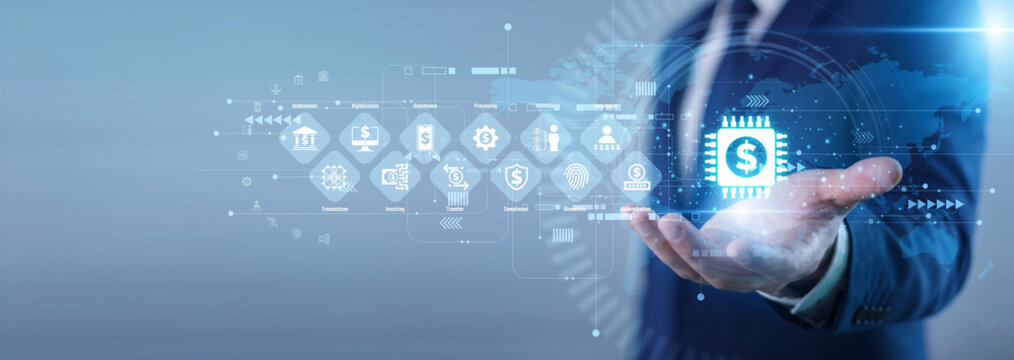 Investor hand hold smart phone Fintech concept financial technology innovation, digital mobile banking payment, decentralized online crypto blockchain transaction and web wallet. Future cash.