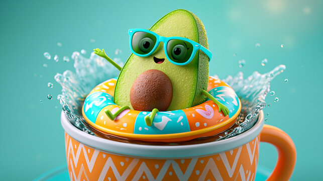 S&uuml;&szlig;e Avocado-Figur mit Sonnenbrille in Kaffeetasse auf buntem Schwimmring