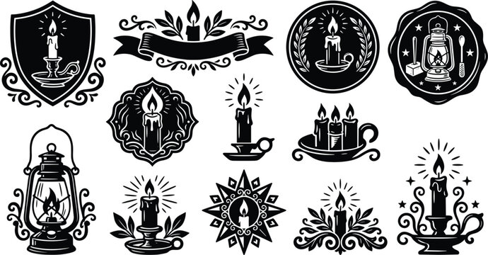 Vintage Candlelight Vector Set with Lantern Candles Floral Ornaments and Heritage Emblems