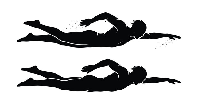 Black ink silhouette illustration of a professional swimmer moving through water in a dynamic pose