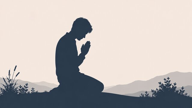自然の中でひざまずき祈る男性のシルエットイラスト