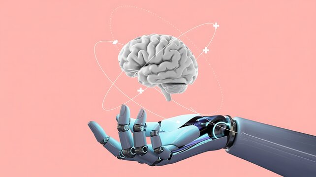 Robotic hand holding human brain symbol representing artificial intelligence and future technology