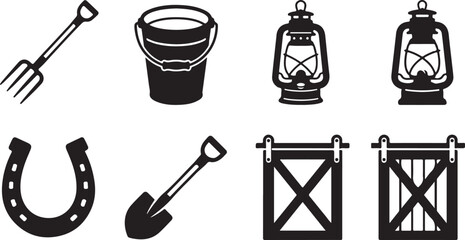 Set of black farm and country life icons including pitchfork bucket lantern horseshoe shovel and barn door for rustic design Vector © Alex