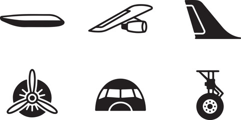 Set of black airplane part icons showing fuselage wing tail propeller cockpit and landing gear for aviation graphic design Vector © Alex