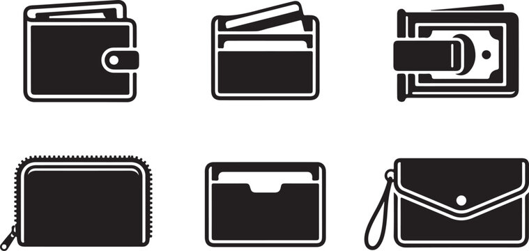 Set of black icons showing different types of wallets and purses for holding money cash credit cards and personal items Vector
