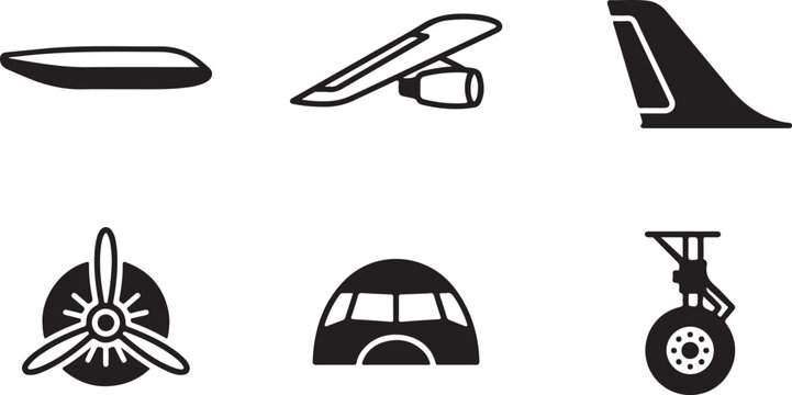 Set of black airplane part icons showing fuselage wing tail propeller cockpit and landing gear for aviation graphic design Vector
