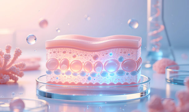 Skin barrier structure, biotechnology and cosmetic science concept, microscopic view of skin layers with hydrating molecules
