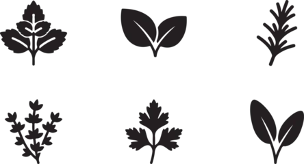 Set of black herb and spice leaf icons representing organic fresh ingredients for cooking and healthy food recipes Vector © Alex