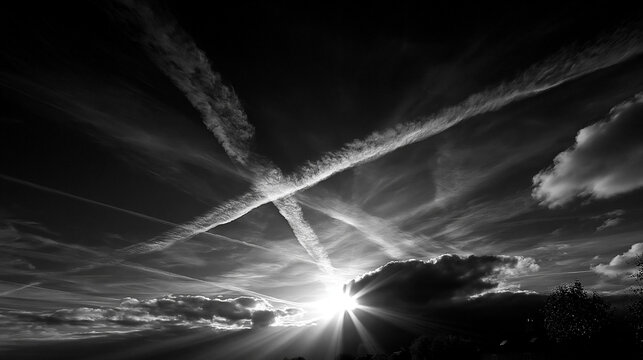 Kondensstreifen kreuzen sich kreuzf&ouml;rmig am dramatischen Schwarz-Wei&szlig;-Himmel mit Sonnenstrahlen