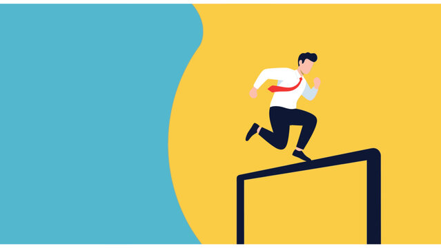 Determined businessman leaps over a hurdle, illustrating the concept of overcoming obstacles, achieving success, and striving for progress.