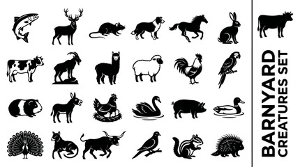 Fototapeta premium Diverse collection of animal silhouettes, featuring various creatures from farm animals to wildlife, perfect for graphic design and iconography