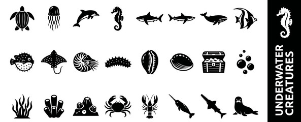 Obraz premium A collection of marine life silhouette icons featuring diverse underwater creatures and sea animals in a minimalist black and white graphic set