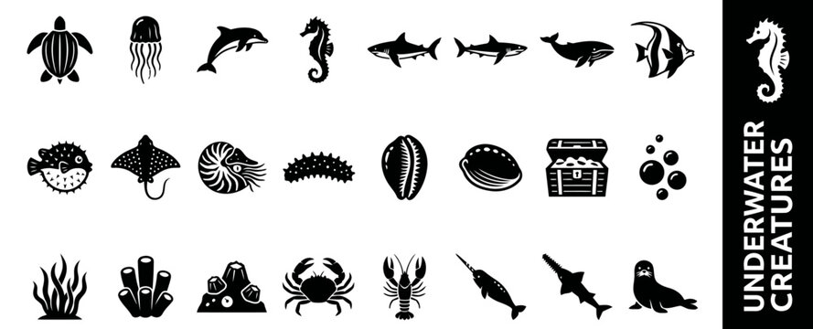 A collection of marine life silhouette icons featuring diverse underwater creatures and sea animals in a minimalist black and white graphic set