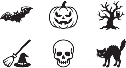 Fototapeta premium Set of black halloween icons featuring a flying bat, scary pumpkin, spooky tree, witch broom, skull, and a black cat Vector