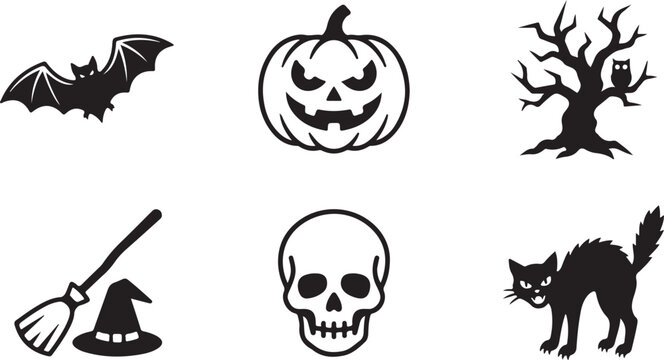 Set of black halloween icons featuring a flying bat, scary pumpkin, spooky tree, witch broom, skull, and a black cat Vector