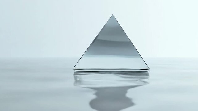 Shiny geometric pyramid reflecting on a smooth surface against a white backdrop