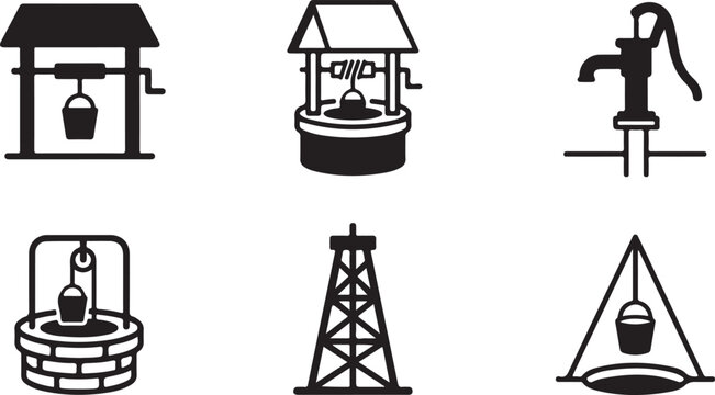 Set of black and white water well and pump icons for irrigation and water collection design projects in flat style Vector