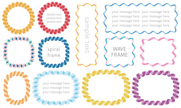 Colorful Abstract Frame Set with Spiral and Wavy Lines, Bright Tropical Border Vector Collection