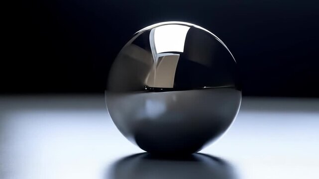 Shiny metallic sphere against dark background reflective surface
