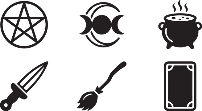 Set of black magic and witchcraft icons including pentagram moon cauldron dagger broom and tarot card symbols for design Vector