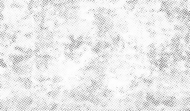Grunge halftone fade. Distressed worn grain noise backdrop. Vintage pixelated bitmap texture. Monochrome sand background. Vector rugged gritty surface. Manga comic overlay effect.