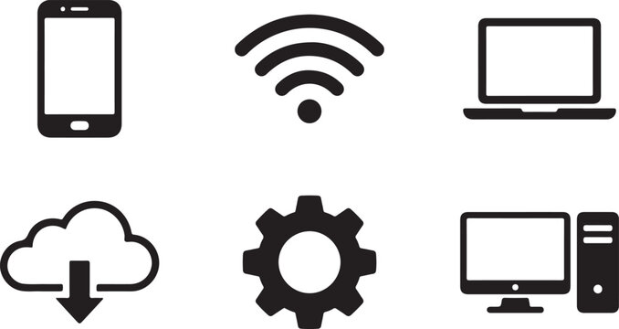 Set of simple black icons for technology mobile phone wifi signal laptop computer cloud download and settings gear symbol Vector