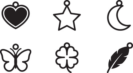 Set of simple black necklace charms including heart star moon butterfly clover and feather shapes for jewelry design projects Vector © Alex