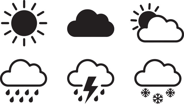 Set of simple black weather icons featuring sun clouds rain lightning and snow symbols for daily forecast design graphics Vector