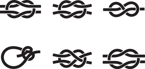 Set of black rope knot icons showing various nautical and sailing knots for decorative design elements and graphic projects Vector © Alex