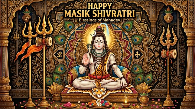 Image is a digital artwork featuring a central depiction of Lord Shiva, a prominent deity in Hinduism, seated in a meditative pose. The style is intricate and traditional, with detailed patterns and a