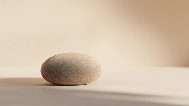 Smooth stone on beige surface with soft sunlight and shadows