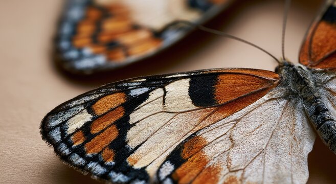Close-up of two delicate butterfly wings with intricate orange, black, and white patterns