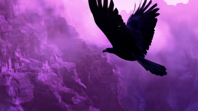 Soaring bird silhouette against vibrant purple sky and rocky landscape