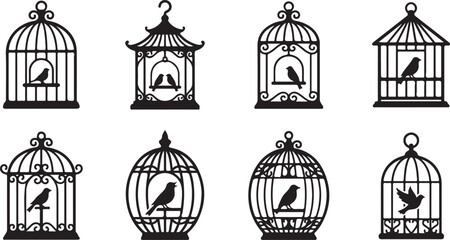 Fototapeta premium Set of black bird cage icons with small birds inside showing different vintage decorative shapes and birdhouse styles Vector