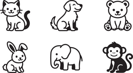Cute cartoon animal icons set including a cat dog bear rabbit elephant and monkey in a simple black and white line art style Vector © Alex