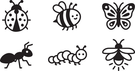 Set of cute black and white insect icons featuring a ladybug bee butterfly ant caterpillar and firefly in simple line art Vector © Alex