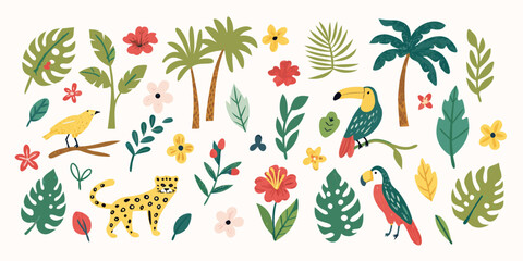 Tropical flora and fauna pattern with palm leaves birds and a cheetah © Promit