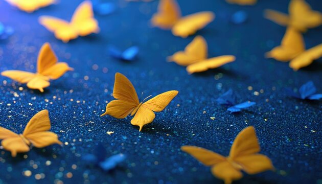 A swarm of golden and sapphire butterflies scattered across a sparkling, dark blue expanse